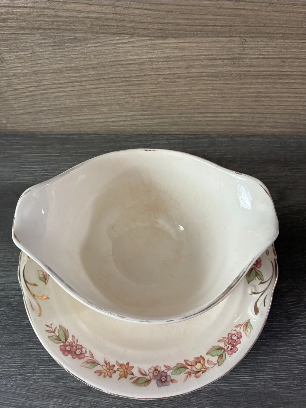 Crown Potteries Co. Floral Gravy Boat with attached Underplate Made in USA